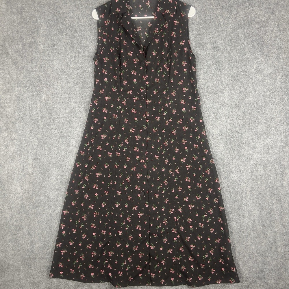 LOFT Floral Sleeveless Dress Womens Medium Fit Flare Black Beige Casual Midi